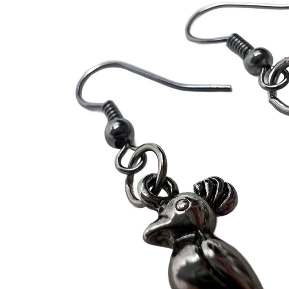 Bird Woodpecker Dangle Earrings Shiny Silver Tone Hook Ear Wires - Picture 6 of 7